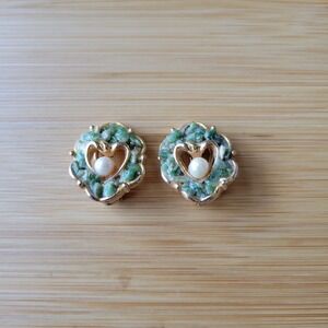 Vintage Green Jade & Pearl Clip On Earrings by Capri Brushed Gold Tone